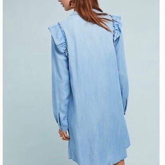 Anthropologie Dress Denim Chambray 100% Tencel Ruffle Long Sleeve Cloth Stone M - Picture 3 of 9